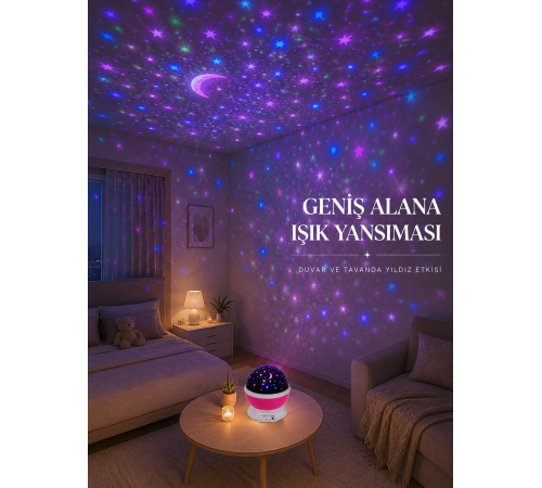 Yıldızlı Gökyüzü Projektörü Pembe Renkli Döner Çocuk Odası Gece Lambası