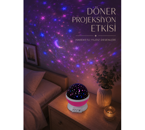 Döner Projeksiyon Lambası Renkli Yıldız ve Gökyüzü Efektli