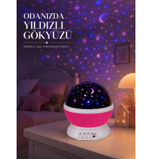 Pembe Döner Yıldız Projektörü USB ve Pilli Kullanımlı Gece Lambası