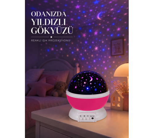 Pembe Döner Yıldız Projektörü USB ve Pilli Kullanımlı Gece Lambası