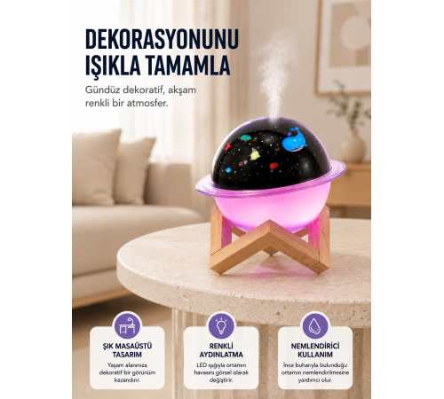 Projektör ışıklı, aromaterapi uyumlu mini masaüstü hava nemlendirici cihaz