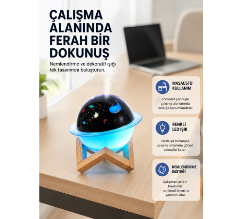 Gece lambası özellikli taşınabilir nemlendirici ve aromaterapi cihazı USB girişli