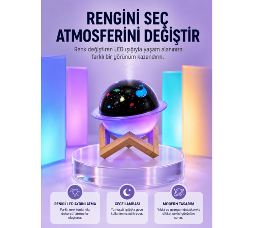USB ile çalışan projektörlü aromaterapi nemlendirici masaüstü kullanım için uygun