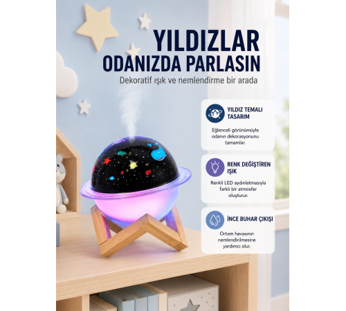 Projektör ışıklı ve aromaterapi destekli taşınabilir nemlendirici cihaz USB bağlantılı