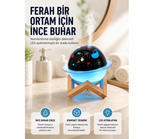 Projektör ışığı bulunan USB bağlantılı mini aromaterapi destekli hava nemlendirici