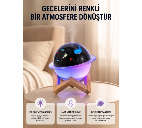 Gece lambası özellikli taşınabilir nemlendirici ve aromaterapi cihazı USB girişli