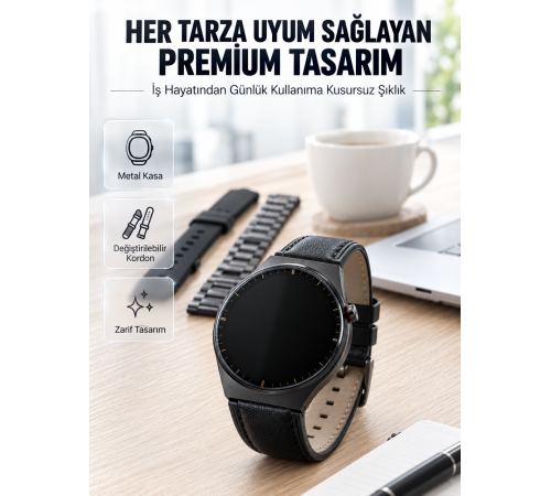 3 Kordonlu AMOLED Ekran Bluetooth Aramalı Akıllı Saat Metal, Deri ve Silikon Kordon Seti