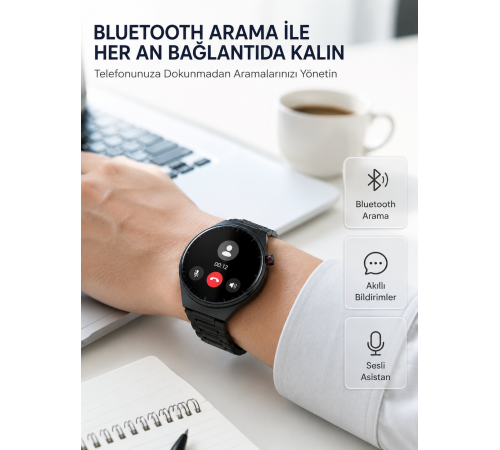 Akıllı Saat Android ve iOS Uyumlu Bluetooth Arama, AMOLED HD Ekran ve 3'lü Kordon Seti