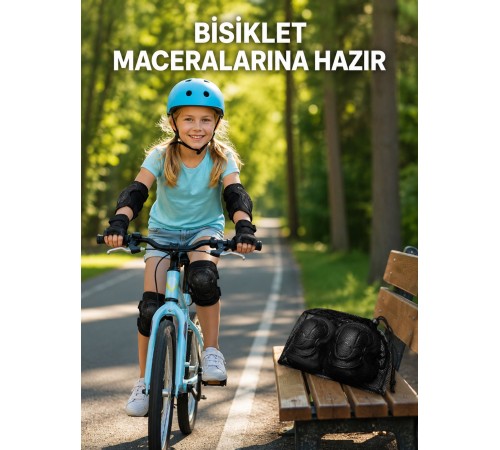 2'li Çocuk Koruyucu Spor Seti Siyah Dizlik Dirseklik El Bilek Koruyucu