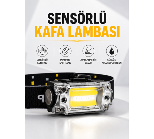 Sensör Kontrollü Şarjlı Beyaz LED Kafa Lambası ve El Feneri