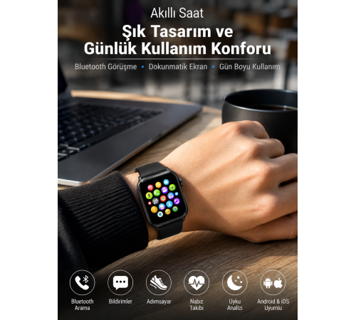 Bluetooth Arama, Akıllı Bildirimler ve Günlük Sağlık Takibi Sunan Şık Tasarımlı Akıllı Saat