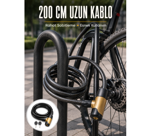 24 mm Kalın Çelik Halatlı Motosiklet ve Bisiklet Kilidi 200 cm Anahtarlı Güvenlik Kilidi