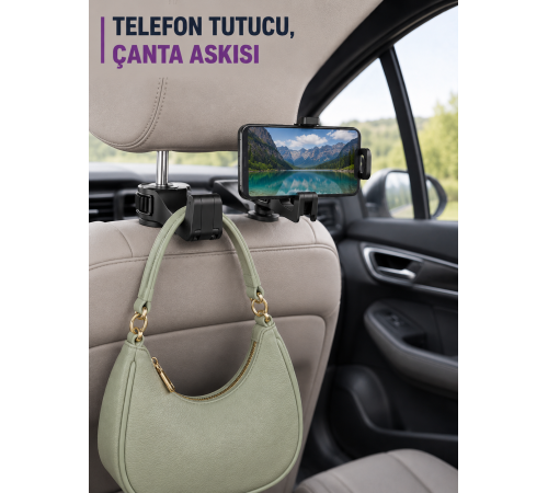 Araç Koltuk Arkası Telefon Tutucu ve Çanta Askısı Aparatı