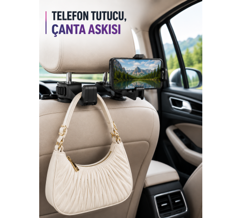 Araç Koltuk Başlığına Takılan Telefon Tutucu ve Eşya Askısı