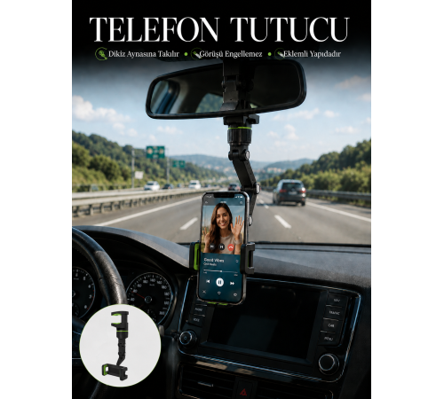 Araç İçi Telefon Standı Dikiz Aynasına Takılan Ayarlanabilir Telefon Tutucu