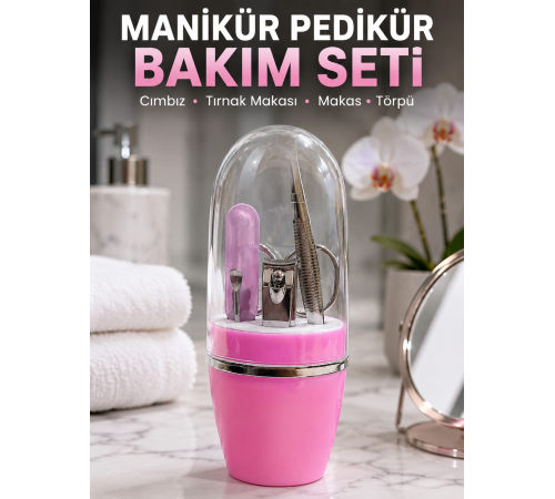 Pembe Manikür Pedikür Bakım Seti Cımbız Tırnak Makası Makas Törpü