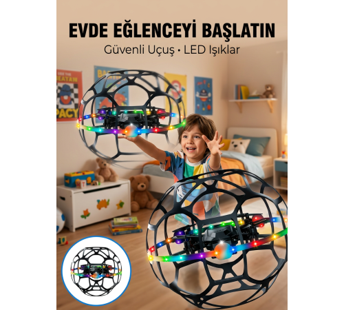 El Hareketi Kontrollü Futbol Topu Tasarımlı Drone LED Işıklı