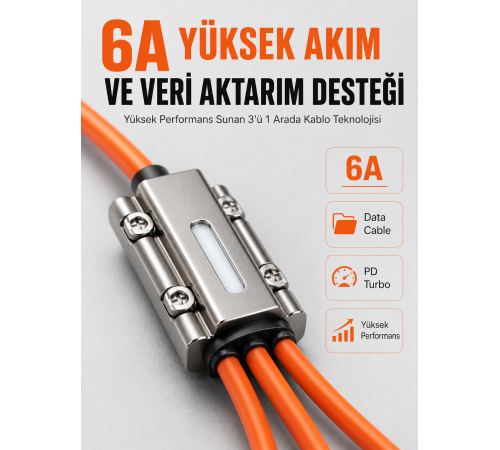 120W Hızlı Şarj Destekli 3'ü 1 Arada Çok Amaçlı Şarj ve Veri Aktarım Kablosu