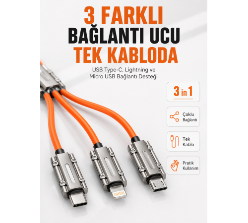Çinko Alaşımlı Metal Konnektörlü Dayanıklı 6A Hızlı Şarj Kablosu