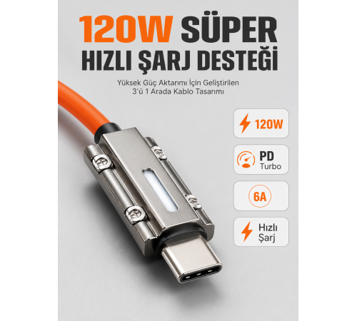 LED Göstergeli 120W PD Turbo Destekli Premium 3'ü 1 Arada Şarj Kablosu