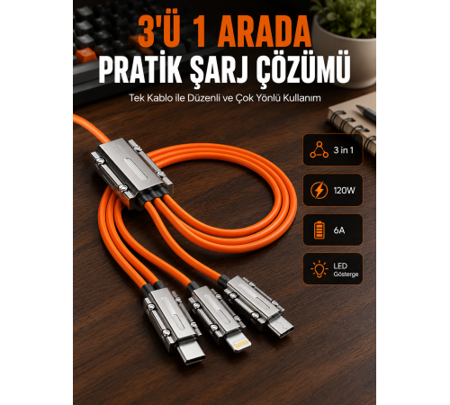 Yüksek Güç Aktarımı Sunan 6A Destekli Çoklu Bağlantı Şarj ve Veri Kablosu