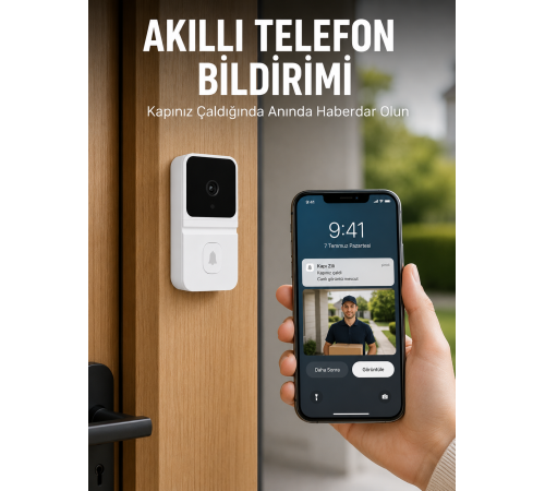 Beyaz Wi-Fi Akıllı Görüntülü Kapı Zili HD Kamera, Gece Görüşü ve Telefon Bildirimli Kablosuz Kapı Zili