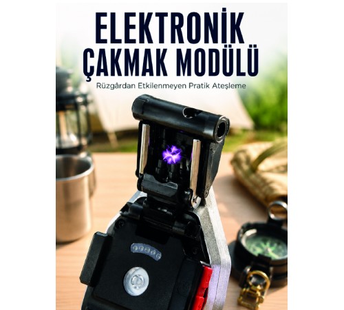 Şarjlı Çalışan El Feneri Elektronik Çakmak Emniyet Kemeri Kesici ve Tornavida Uçlu