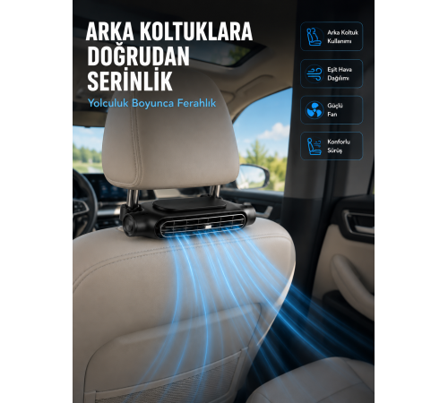 Koltuk Başlığına Takılan Araç Soğutucu Fan Ayarlanabilir 3 Hız Kademeli