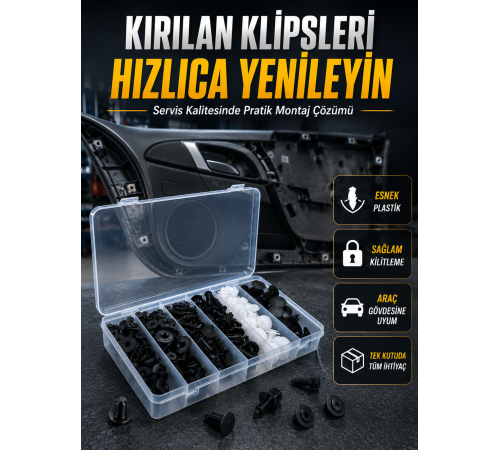 Universal Araç Döşeme Klipsi ve Tampon Sabitleme Pimi Seti 100 Parça Organizer Kutulu