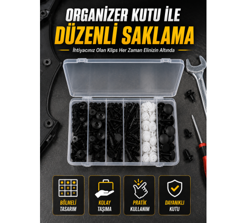 Profesyonel Oto Klips Tamir Seti 6 Farklı Model Plastik Sabitleme Pimi Organizer Kutulu