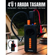 4'ü 1 Arada Akü Takviye Cihazı Dijital Lastik Şişirme Kompresörü 10000mAh Powerbank ve LED Fener