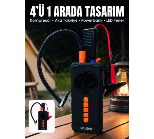 4'ü 1 Arada Akü Takviye Cihazı Dijital Lastik Şişirme Kompresörü 10000mAh Powerbank ve LED Fener