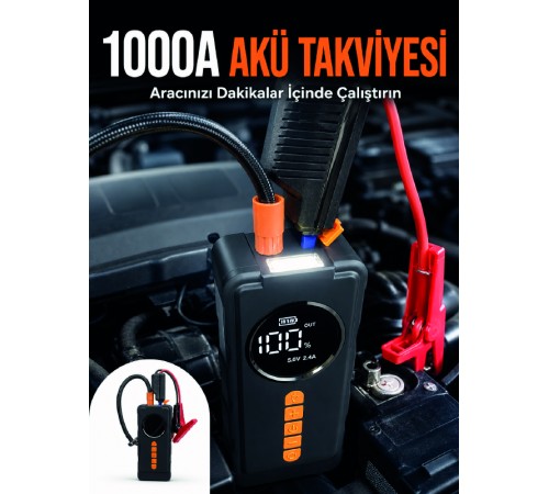 Taşınabilir Araç Acil Durum Cihazı 1000A Akü Takviye Hava Kompresörü Dijital Lastik Şişirme Pompası