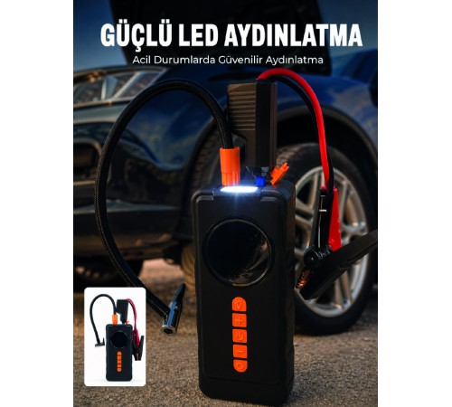 10000mAh Şarjlı Araç Kompresörü Akü Takviye Cihazı Powerbank Özellikli Dijital Lastik Şişirme Pompası