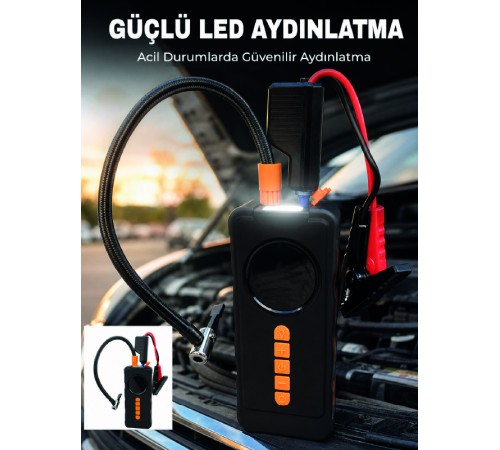 Dijital Lastik Şişirme Kompresörü Akü Takviye Powerbank LED Aydınlatmalı Acil Durum Cihazı