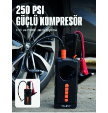 Dijital Araç Kompresörü 4 Fonksiyonlu Akü Takviye Lastik Şişirme Powerbank ve LED El Feneri