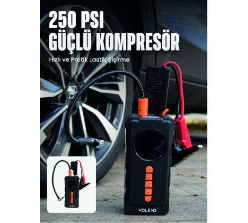 Dijital Araç Kompresörü 4 Fonksiyonlu Akü Takviye Lastik Şişirme Powerbank ve LED El Feneri