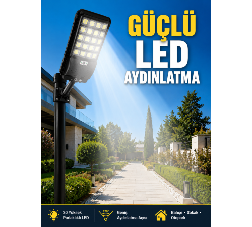 Hareket Sensörlü Solar LED Aydınlatma 3 Modlu Uzaktan Kumandalı Bahçe Lambası