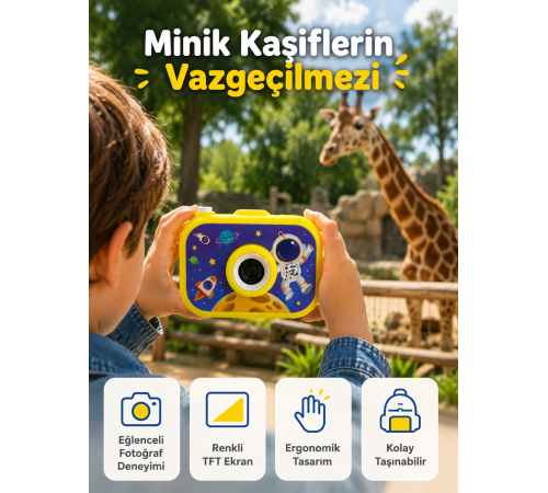 Çocuk Dijital Kamera HD Fotoğraf ve Video Çekimi 2.0 İnç TFT Ekran Type-C Şarjlı Mini Tripodlu