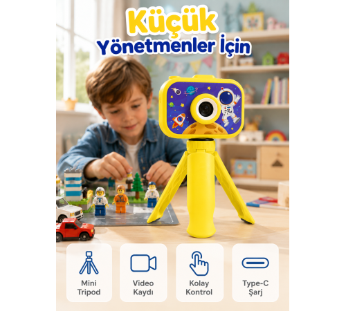 Çocuk Kamerası Fotoğraf ve Video Çekimi Mini Tripodlu Şarjlı Dijital Kamera 2.0 TFT Ekran