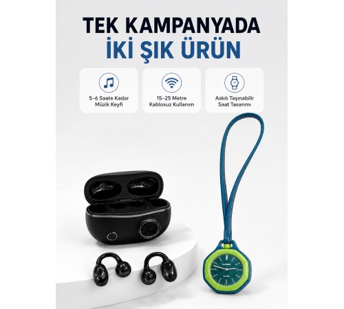 Yeşil Çanta Charm Saat ve Kablosuz Bluetooth Kulaklık İkili Kampanya Seti Günlük Kullanım
