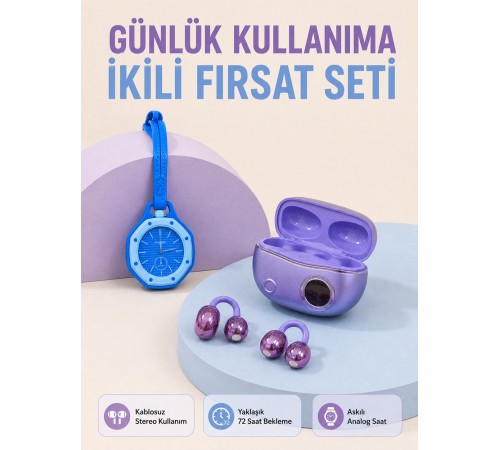 Şarj Kutulu Kablosuz Kulaklık ve Askılı Analog Charm Saat Kampanya Seti Mor Mavi