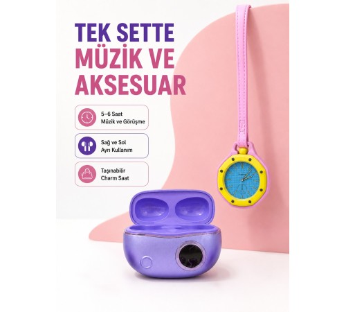 Kablosuz Kulaklık ve Pembe Çanta Charm Saat İkili Kampanya Seti Şarj Kutulu Taşınabilir Tasarım
