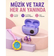 Mor Kablosuz Stereo Kulaklık ve Pembe Askılı Analog Çanta Saati Günlük Kullanım İkili Fırsat Seti