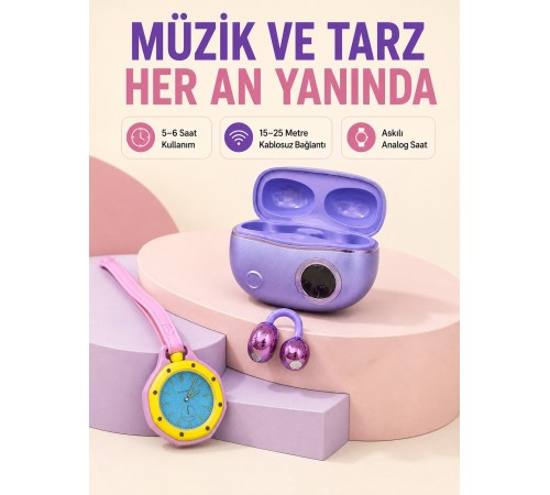 Mor Kablosuz Stereo Kulaklık ve Pembe Askılı Analog Çanta Saati Günlük Kullanım İkili Fırsat Seti