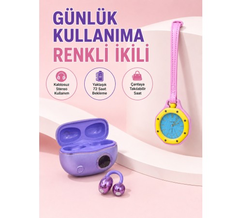 Şarj Kutulu Kablosuz Kulaklık ve Pembe Çanta Charm Analog Saat Seti Müzik ve Aksesuar Bir Arada