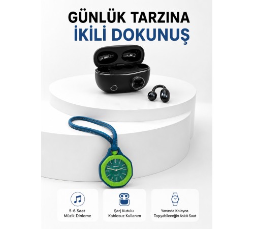 Şarj Kutulu Kablosuz Kulaklık ve Yeşil Askılı Analog Çanta Saati Avantajlı İkili Set
