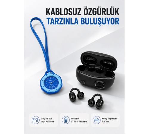 Kablosuz Kulaklık ve Mavi Çanta Charm Saat Kampanya Seti Taşınabilir Günlük Kullanım