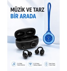 Şarj Kutulu Kablosuz Kulaklık ve Askılı Mavi Charm Saat Avantajlı İkili Set