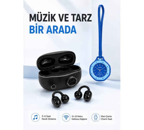 Şarj Kutulu Kablosuz Kulaklık ve Askılı Mavi Charm Saat Avantajlı İkili Set